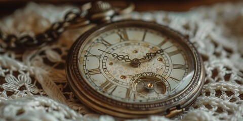Antique pocket watch on lace fabric