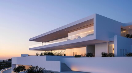 Obraz premium Sleek and elegant minimalist luxury home with a white facade and hidden rooftop terrace, set against a dusk sky Space for text included