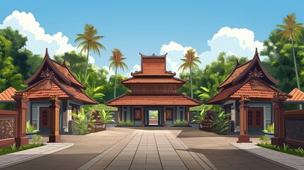 Illustration of traditional Indonesian architecture surrounded by lush greenery, depicting cultural heritage and beauty.