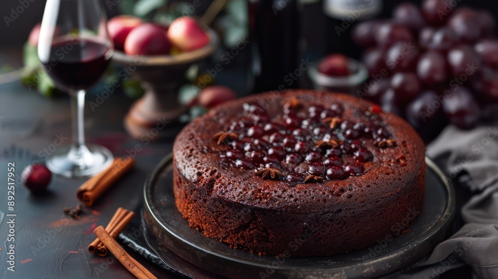 Fototapete luxurious red wine cake with a hint of spice on a deep claret background, rich and perfect for elegant text