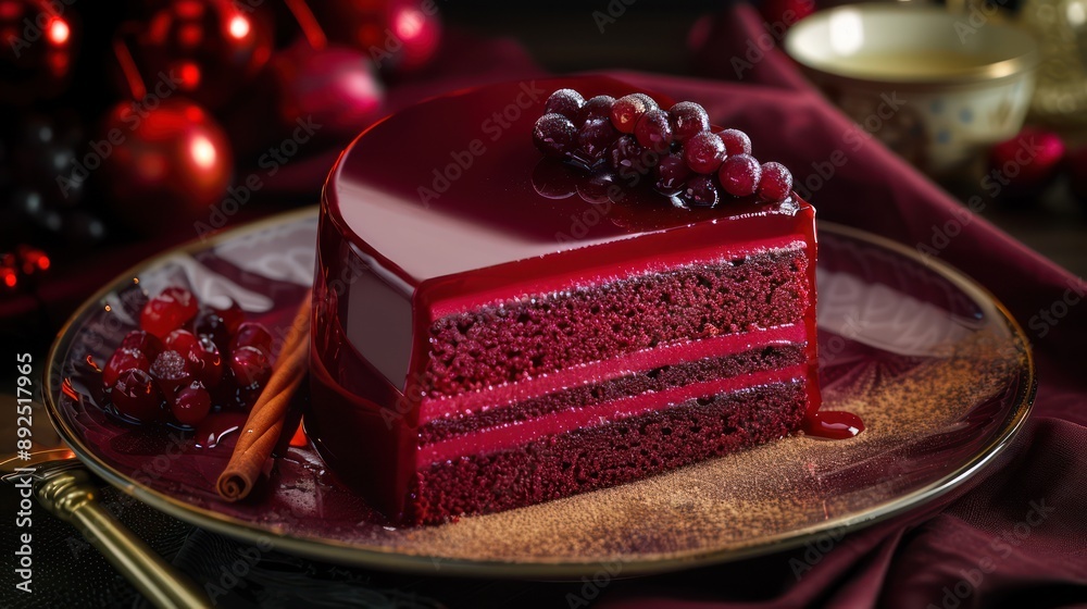 Fototapete luxurious red wine cake with a hint of spice on a deep claret background, rich and perfect for elegant text