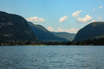 Landscape of mountain lake Bohinj in Slovenia in sunny weather in summer