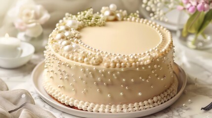 luxurious vanilla bean cake with edible pearls on a soft ivory background, perfect for elegant and sophisticated text