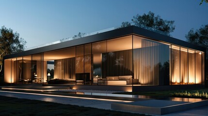 Sleek and modern suburban home with an all-glass front and subtle lighting, emphasizing clean lines Include copy space for text