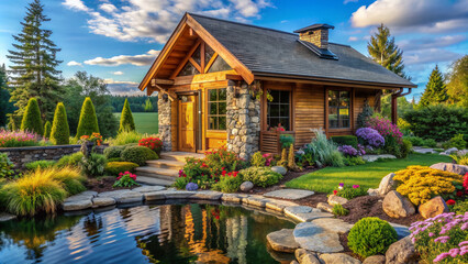 Obraz premium Stylish small wooden residence with rustic stone accents, surrounded by vibrant greenery, blooms, and tranquil water feature, nestled under a brilliant serene blue sky.