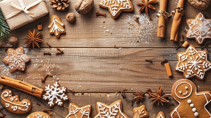 Christmas gingerbread cookies and spices on a wooden background with text space Holiday cooking and celebration theme New Year and Christmas card