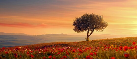 Lonely Tree at Sunset Over Red Wildflowers