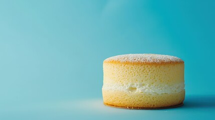minimalist Japanese sponge cake, light and airy, set against a cool ice blue background