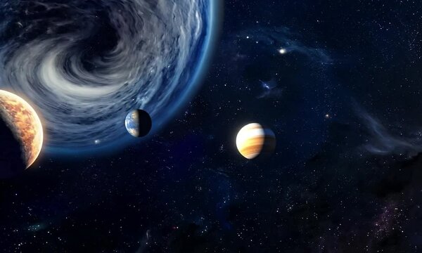 In the vast expanse of space, there is a beautiful blue spiral galaxy adorned with several planets orbiting around it. Beyond, other galaxies dot the cosmos, each with their own stars and planets orbi