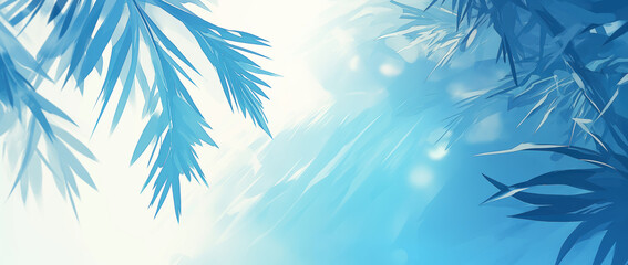 Abstract Blue Palm Leaves on Light Background Copy Space