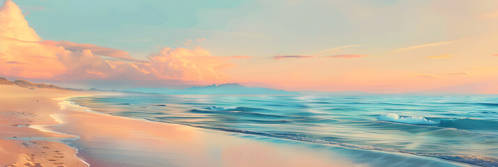 Obraz premium Sunset Serenity: A Peaceful Beachfront Harmony of Pastel Hues and Reflective Waters