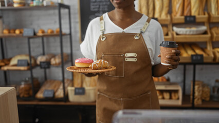 Young african american woman holds coffee and pastries in a bakery shop interior, showcasing various breads and baked goods with wooden shelves in the background, wearing a brown apron