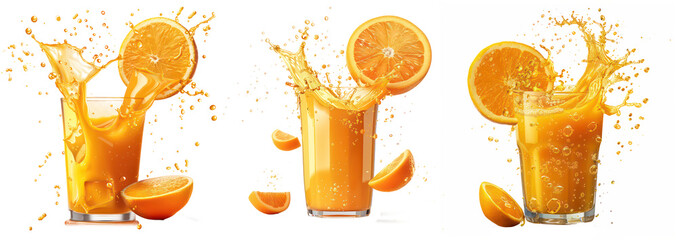 Set of Vibrant Orange Juice Splash, Cut-out, Isolated on Transparent Background