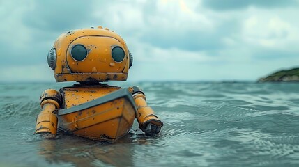summer minimal concept with a toy robot in a boat