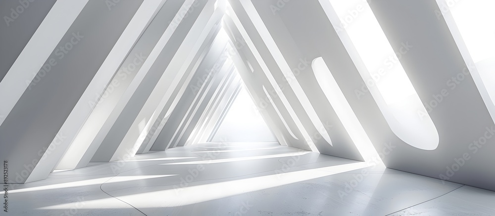 Wall mural abstract white interior background with empty corridor and triangle shapes, futuristic architecture 