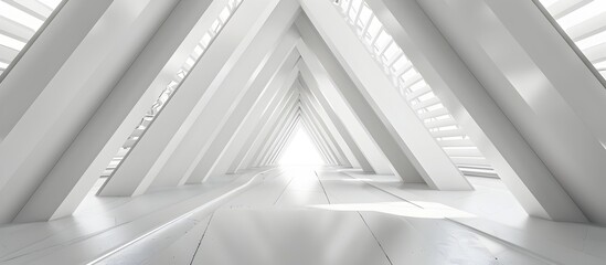 Obraz premium Abstract white interior background with empty corridor and triangle shapes, futuristic architecture concept, copy space, 3d rendering 