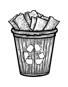 recommend clip art: paper trash basket engraving black and white outline