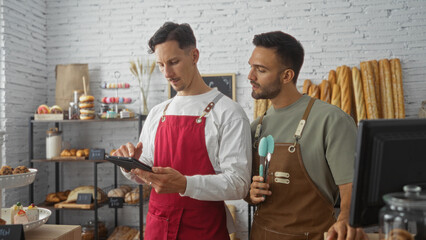 Two adult professional men, workers in a bakery shop, discuss tasks together while using a tablet in a well-lit indoor setting filled with various breads and pastries.