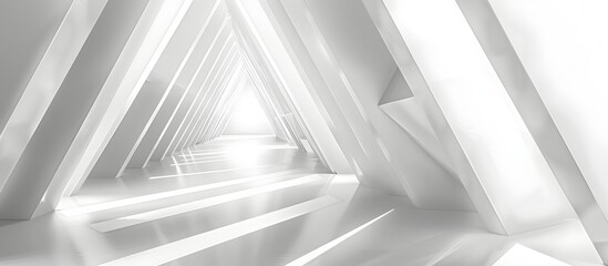 Abstract white interior background with empty corridor and triangle shapes, futuristic architecture concept, copy space, 3d rendering 