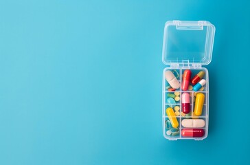 Colorful Pills and Capsules on a Light Blue Background, a Top View of Medicine Tablets with a Plastic Box 
