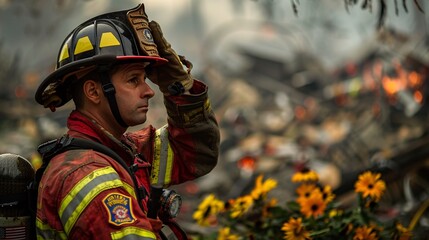 A firefighter saluting the fallen at a makeshift memorial