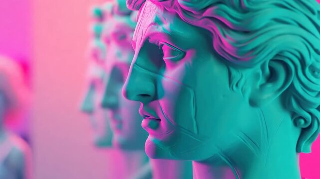 Greek Sculptures in Vaporwave Glitch Art with Neon Pink and Turquoise Background.