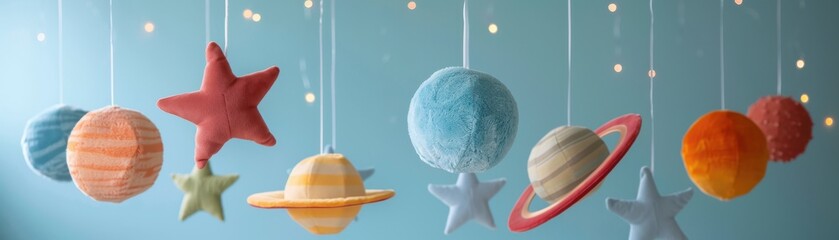 Colorful hanging planets and stars decorations against a blue background, perfect for a children's room or educational setting.