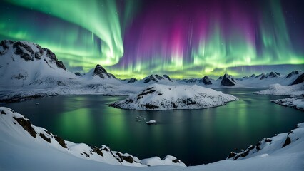 Fototapeta premium the mesmerizing dance of the aurora against Norway's snow-capped mountains.