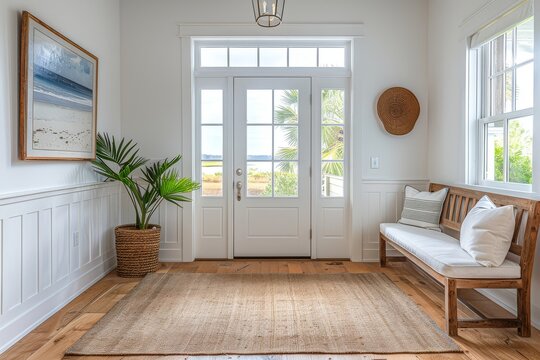 Head-on shot of front door in a white beach-style home with light wood floors, art above the bench, and symmetrical design, illuminated by morning light.