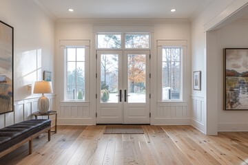 Obraz premium Head-on shot of modern farmhouse front entryway with white oak floors, wide planks, minimal decor, large window, and wood door leading to porch. 
