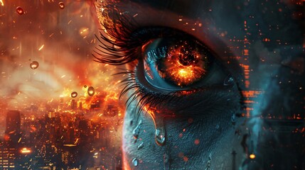 A close-up of a tear falling from a woman's eye as she looks at the destruction