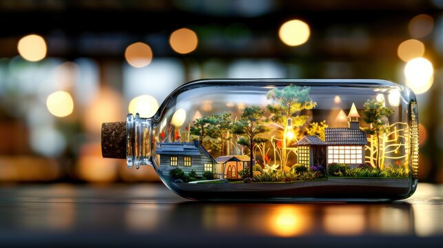 A glass bottle encasing a complex forest mini town, complete with tiny houses, trees, and pathways, bathed in gentle, warm light that highlights the intricate details of the miniature world