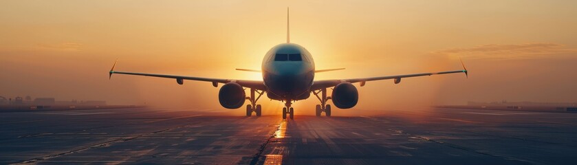 Commercial airplane on runway during a stunning sunset, ready for takeoff with golden, vibrant hues in the sky.