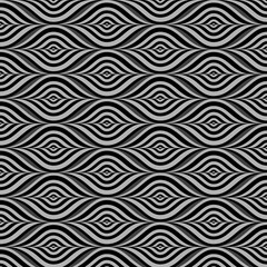 Optical seamless pattern with black gray waves. Abstract liquid swirl flowing waves background. Vector decorative texture