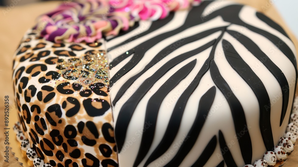 Fototapete playful animal print cake with zebra and leopard patterns and edible glitter on a tan background, vi