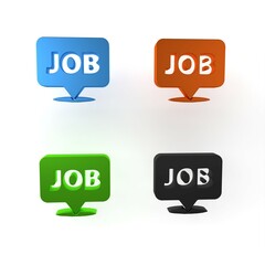 Colorful Speech bubble with job icon isolated on white background. Recruitment or selection concept. Search for employees and job. Minimalism concept. 3D render illustration