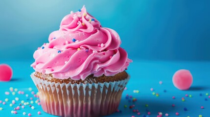 playful bubblegum cake with bubblegum flavored frosting on a bright blue background, fun and inviting for cheerful text