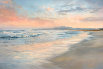 Sunset Serenity: A Peaceful Beachfront Harmony of Pastel Hues and Reflective Waters