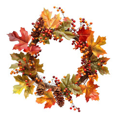 Fall Wreath Decorated with Colorful Leaves and Berries Isolated.