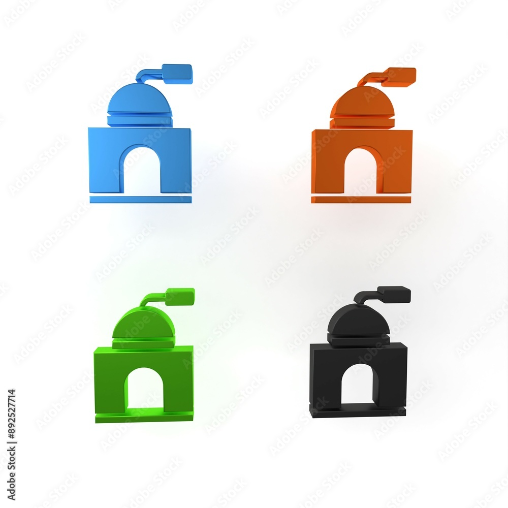 Poster Colorful Manual coffee grinder icon isolated on white background. Minimalism concept. 3D render illustration