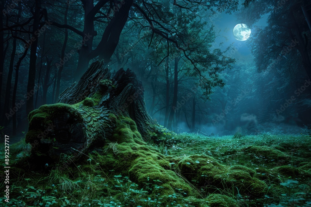 Canvas Prints a dark forest with a large tree stump and a full moon in the sky. scene is mysterious and eerie