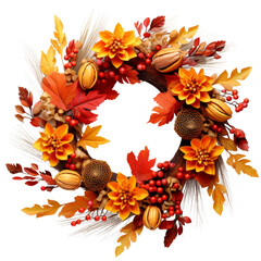 Autumn Decorative Wreath with Colorful Leaves and Flowers Isolated.