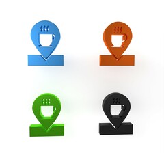 Colorful Location with coffee cup icon isolated on white background. Minimalism concept. 3D render illustration