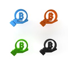 Colorful Hand holding Bitcoin icon isolated on white background. Blockchain technology, digital money market, cryptocoin wallet. Minimalism concept. 3D render illustration