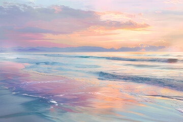 Obraz premium Sunset Serenity: A Peaceful Beachfront Harmony of Pastel Hues and Reflective Waters