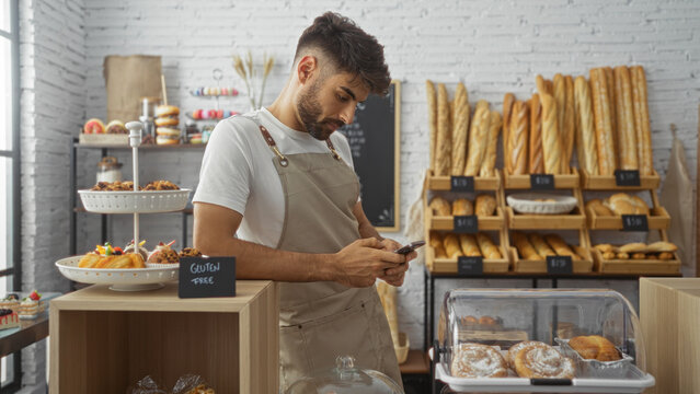 Young man with a beard in a bakery shop, standing indoors and checking his phone while wearing an apron, surrounded by a variety of bakery items on display.