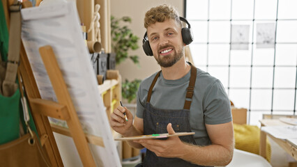 A smiling young man with blue eyes and a beard, wearing headphones, paints on a canvas in an art studio.