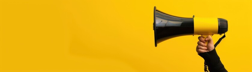 Fototapeta premium Hand holding a black and yellow megaphone against a bright yellow background, symbolizing communication, announcement, and spreading ideas.