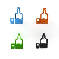 Colorful Tequila bottle and shot glass icon isolated on white background. Mexican alcohol drink. Minimalism concept. 3D render illustration