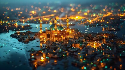 Enchanting Twilight Over a Miniature Cityscape with Illuminated Mosque